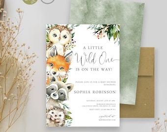 Greenery Woodland Animal Baby Shower Invitation | Wild One is on the Way Baby Shower Invite | Digital or Printed