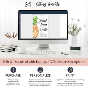 May include: A computer screen displaying a printable bridal shower invitation template with a watercolor pineapple design. The text on the invitation reads "Please join us for a Bridal Shower honoring Rachel West". The invitation is customizable and can be edited using a laptop, PC, tablet, or smartphone.