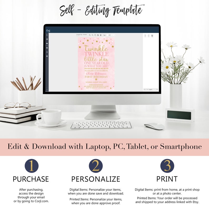 Puede incluir: Una invitaci&oacute;n de primer cumplea&ntilde;os imprimible rosa y dorada con el texto "Twinkle Twinkle Little Star One Year Old Is What You Are" y "First Birthday". La invitaci&oacute;n se muestra en la pantalla de una computadora con instrucciones para editar e imprimir la invitaci&oacute;n.