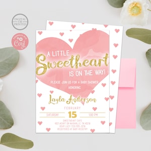 Pink and Gold Baby Shower Invitation | Heart Baby Shower Invitaiton | Valentines Baby Shower Invitation | Valentines Theme | Sweetheart image 1
