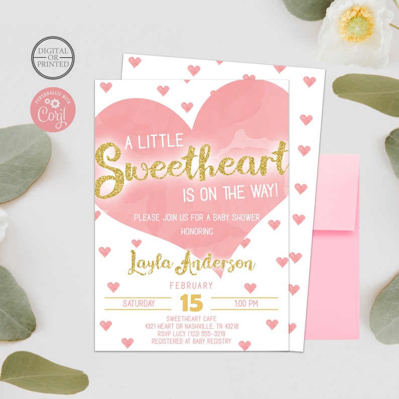 Pink and Gold Baby Shower Invitation | Heart Baby Shower Invitaiton | Valentines Baby Shower Invitation | Valentines Theme | Sweetheart image 1