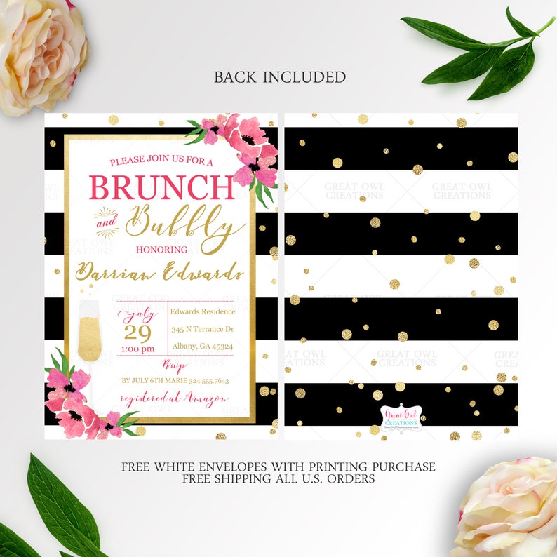 May include: Black and white striped invitation with gold glitter accents. The invitation is for a brunch and bubbly event honoring Darrian Edwards. The invitation includes the date, time, and location of the event. It also includes a RSVP contact and a note about registering at Amazon.