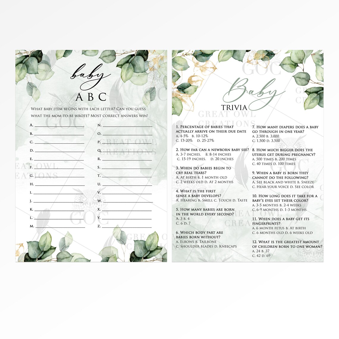 Instant Download Printable Greenery Baby Shower Games Package - Etsy