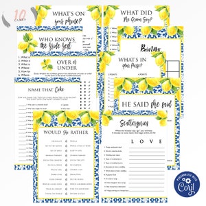 Lemon Mediterranean Positano Blue Tile Bridal Shower Instant Télécharger Jeux Package | Modèle d’auto-édition