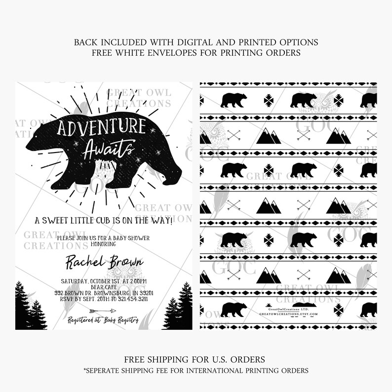 May include: Black and white baby shower invitation with a bear silhouette and the text "Adventure Awaits". The invitation includes details for the event, including the date, time, location, and RSVP information. The background pattern features bears, mountains, and arrows.