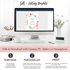 Pode incluir: Um ecr&atilde; de computador a mostrar um modelo de convite para um ch&aacute; de panela floral. O modelo &eacute; personaliz&aacute;vel e pode ser editado e descarregado usando um port&aacute;til, PC, tablet ou smartphone. Os passos para comprar, personalizar e imprimir o convite est&atilde;o listados abaixo do ecr&atilde;.