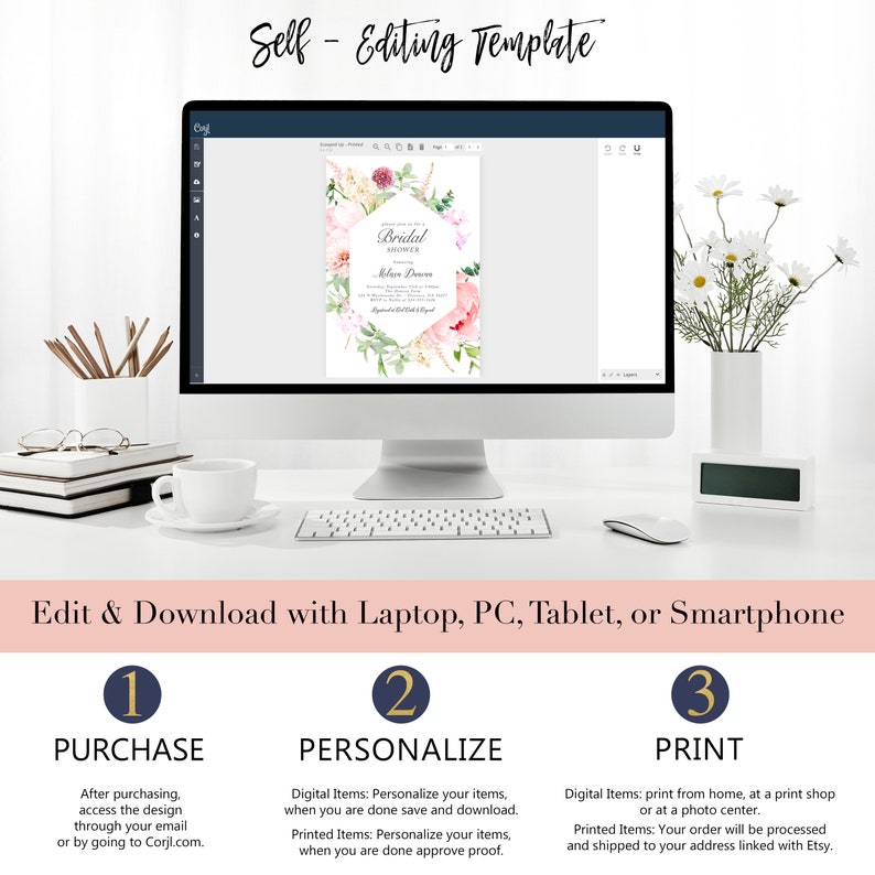 Pode incluir: Um ecr&atilde; de computador a mostrar um modelo de convite para um ch&aacute; de panela floral. O modelo &eacute; personaliz&aacute;vel e pode ser editado e descarregado usando um port&aacute;til, PC, tablet ou smartphone. Os passos para comprar, personalizar e imprimir o convite est&atilde;o listados abaixo do ecr&atilde;.