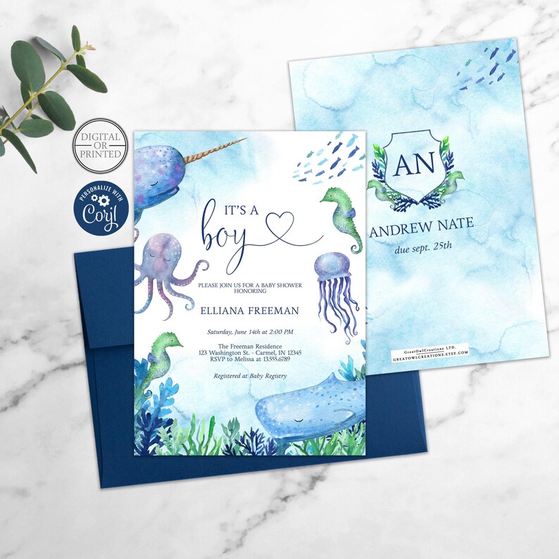 Tropical Sea and Ocean Baby Shower Invitation | Editable Template Digital or Printed Invite immagine 1