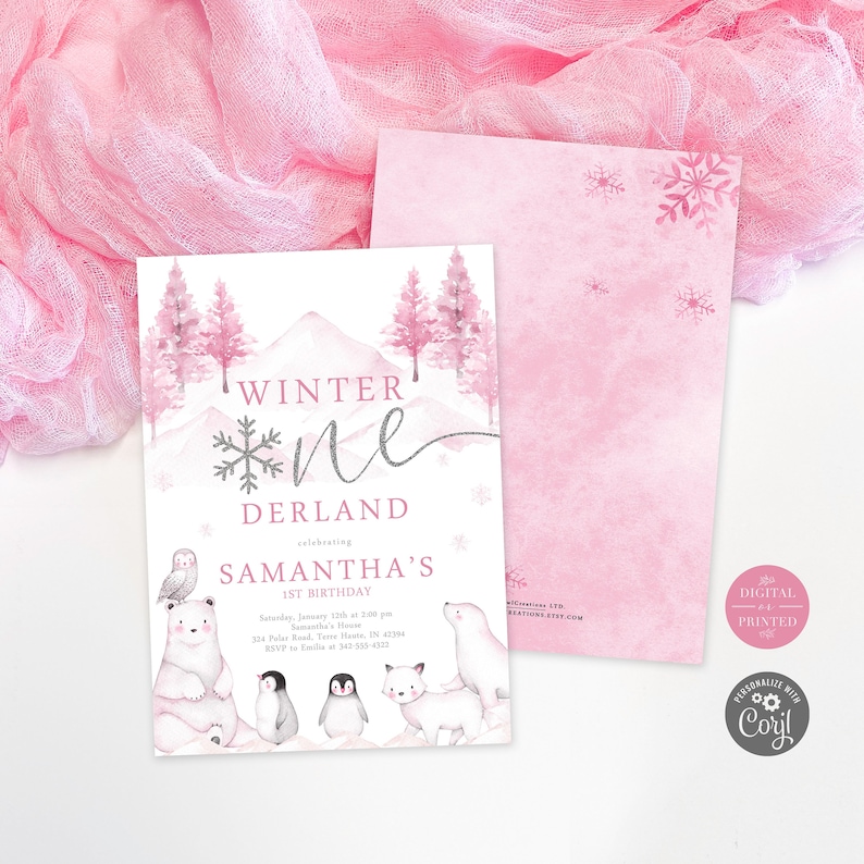 Pink Winter Wonderland Birthday Invitation | Winter ONEderland Invite | Winter Woodland First Birthday Invite | Instant Digital or Printed image 1