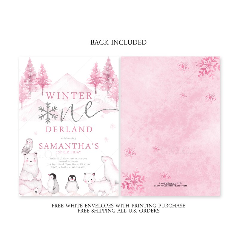 Pink Winter Wonderland Birthday Invitation | Winter ONEderland Invite | Winter Woodland First Birthday Invite | Instant Digital or Printed image 2