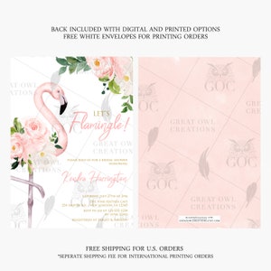May include: Pink flamingo bridal shower invitation with floral design and the text "Let's Flaningle! Great Owl Creation Honoring Kendra Harrington".