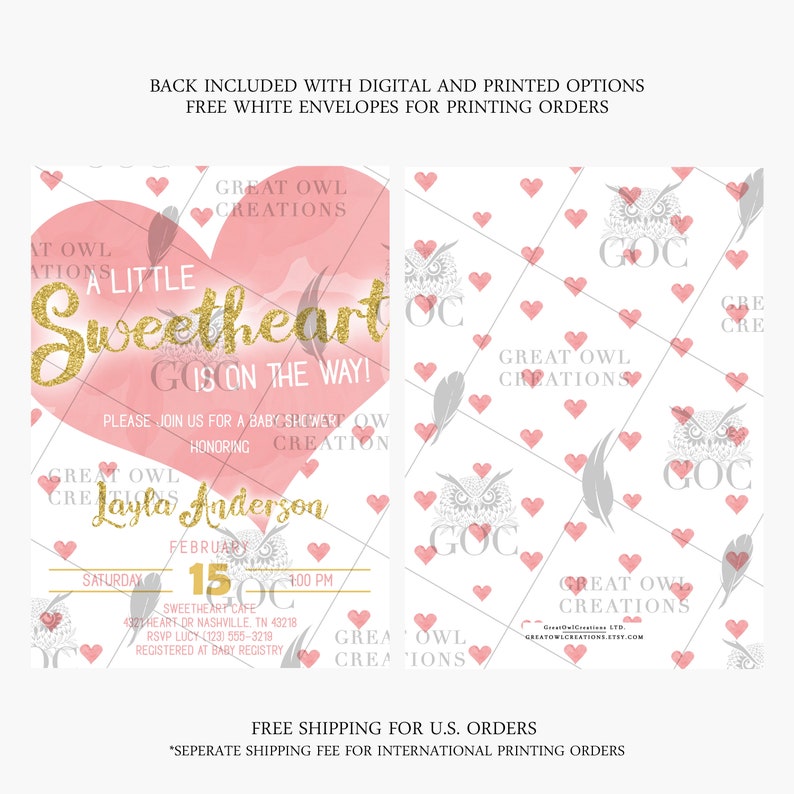 Pink and Gold Baby Shower Invitation | Heart Baby Shower Invitaiton | Valentines Baby Shower Invitation | Valentines Theme | Sweetheart image 2