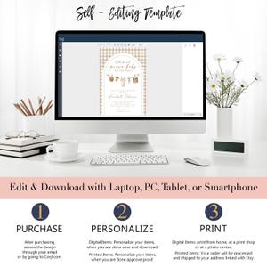 May include: A computer screen displaying a baby shower invitation template with a gingham background and the text "Locally Grown Baby On The Way". The invitation is being edited using a self-editing template. The steps to purchase, personalize, and print the invitation are listed below the screen.