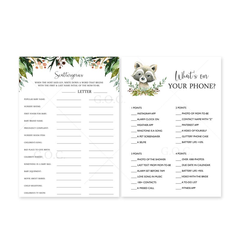 Woodland Baby Shower Games Package | Self Edit Instant Download Printable image 6