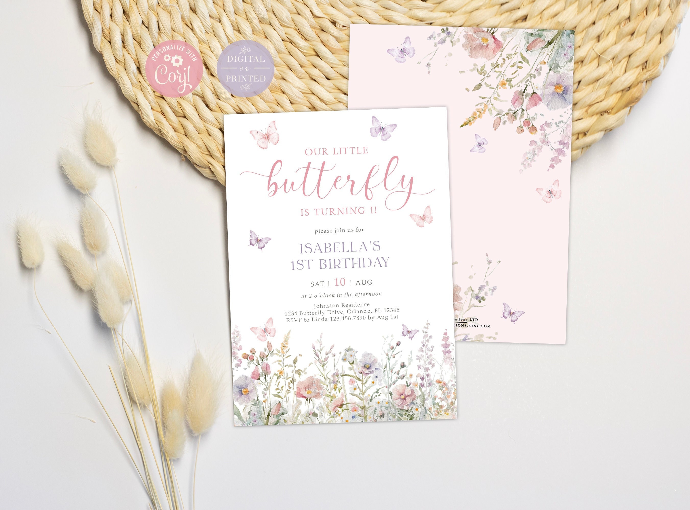 Butterfly Birthday Invitations, Pink and Purple Butterfly Birthday Invite Template, Instant Editable Digital or Printed, BA53024