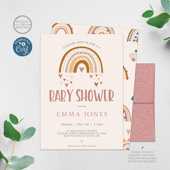 Boho Rainbow Baby Shower Invitation, Gender Neutral, Earth Tone Rainbow Invite, Printed or Digital Il_570xn