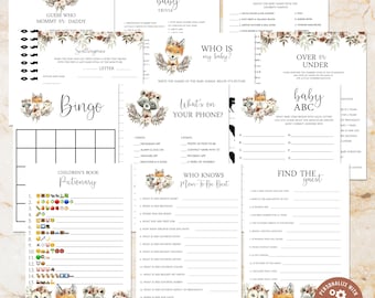 Ensemble de jeux de douche de bébé Boho Floral Woodland | Self Edit Téléchargement instantané imprimable | BA-11223