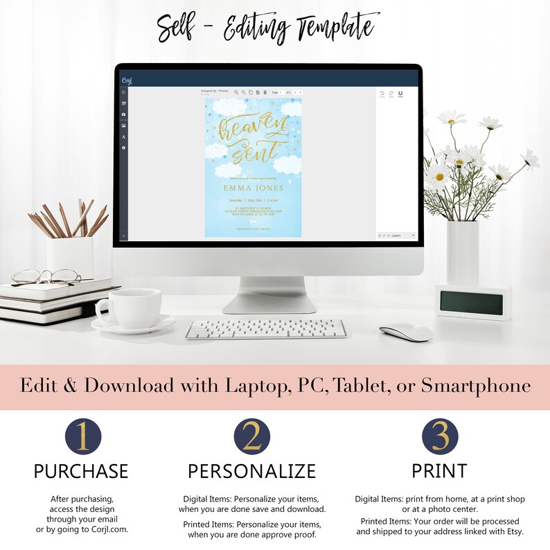 May include: A computer monitor displays a baby shower invitation template with the words "heaven sent" in gold script. The invitation is light blue with white clouds. The image also shows a keyboard, mouse, and decorative items.