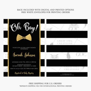 Little Man Baby Shower Invitation | Oh Boy Baby Shower Invitation | Bow Tie Baby Shower | Black and White | Black and Gold | Formal image 2