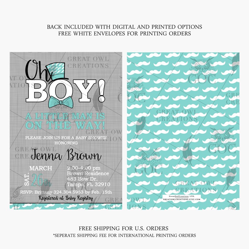 Little Man Baby Shower Invitation | Mustache Baby Shower Invitations | Oh Boy Baby Shower Invitation | Little Gentleman | Bow Tie | Top Hat 画像 2