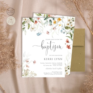 Wildflower Baptism Invitation | Floral Girl Baptism Invitation | Printed or Digital Instant Editable Invite
