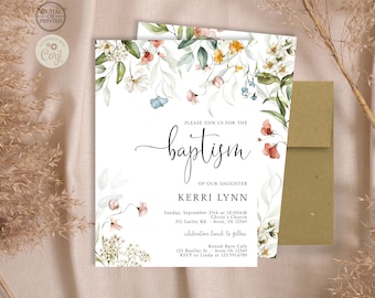 Wildflower Baptism Invitation | Floral Girl Baptism Invitation | Printed or Digital Instant Editable Invite