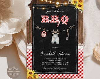 May include: A rectangular invitation card with a black chalkboard center, red and white gingham borders, and sunflower accents. It features the text BBQ, a clothesline with a bib, overalls, and spatula, and event details for Annabell Johnson.