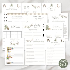 May include: A collection of printable baby shower games with a rustic theme. Games include Baby Trivia, Bingo, and Guess Who, with decorative elements like overalls and antlers. The games are printed on off-white paper.