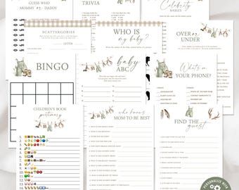 May include: A set of printable baby shower games with a rustic design. Games include Baby Trivia, Bingo, and Guess Who, with overalls and antlers. The games are printed on off-white paper, suitable for a baby shower.