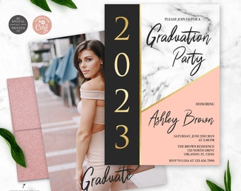 Modern Graduation Announcement | Geometric Marble Graduation Party Invitation | College Graduate | High School | Instant Digital or Printed