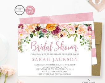Floral Bridal Invitation | Watercolor Floral Bridal Shower Invite | Digital or Printed