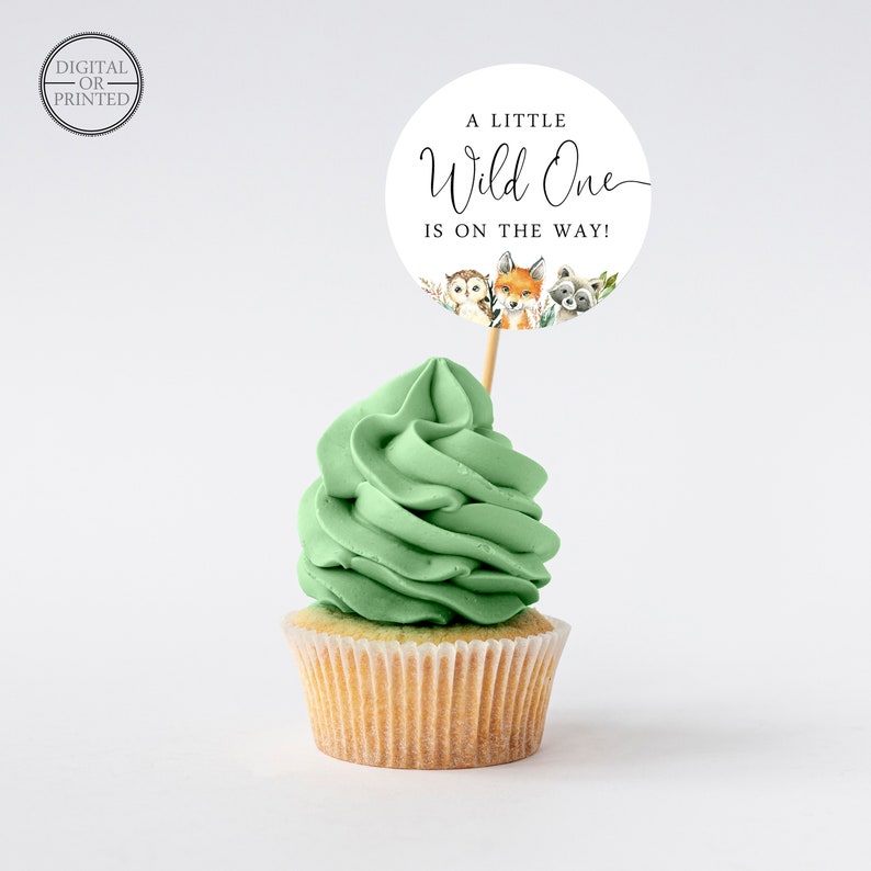 Woodland Greenery Baby Shower Cupcake Toppers, Forest Animals Party Decor, Printed or Instant Digital image 1