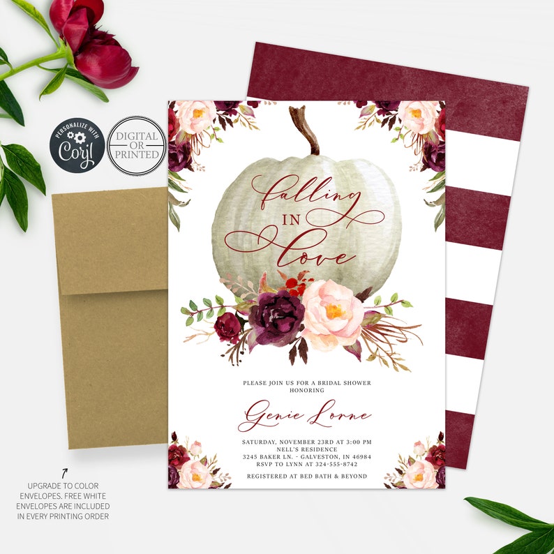 May include: A white pumpkin with the words "falling in love" written in calligraphy. The pumpkin is surrounded by burgundy and blush pink flowers. The text "Please join us for a bridal shower honoring Genie Lorne" is at the bottom of the invitation. The invitation is decorated with a watercolor floral design.