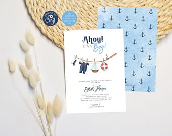 May include: A nautical-themed baby shower invitation card featuring the text Ahoy! It's a Boy! and a clothesline illustration with a onesie, sailboat, and life preserver. The card includes placeholder event details and a matching anchor pattern.