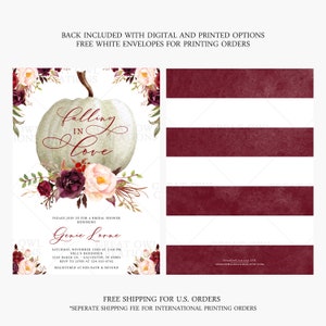 Falling in Love Bridal Shower Invitation | Pumpkin Bridal Shower Invitation | Marsala Floral Bridal Invitation | Printed or Digital image 2