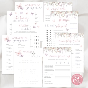 Peut inclure: Un ensemble de cartes de jeu de douche nuptiale imprimables avec un motif floral et papillon. Les jeux comprennent "What's in your purse?", "Who knows the bride best?", "Over or Under", "He said, she said", "What did the groom say?", "Scattergories", "Name that cake!" et "Would she rather".
