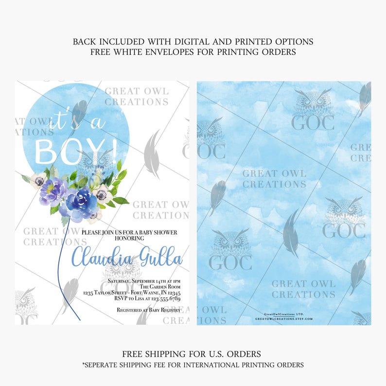 It's a Boy Baby Shower Invitation | Floral Balloon Baby Shower Invitation | Watercolor Floral Baby Shower | Digital | Printed image 2