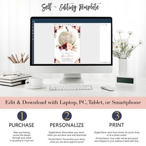May include: A computer screen displaying a fall-themed wedding invitation template with a white pumpkin and the text "Falling in Love". The invitation is surrounded by fall leaves and flowers in shades of red, pink, and green. The text "Edit & Download with Laptop, PC, Tablet, or Smartphone" is displayed below the computer screen. Three numbered steps are listed below the text: 1. Purchase, 2. Personalize, and 3. Print.