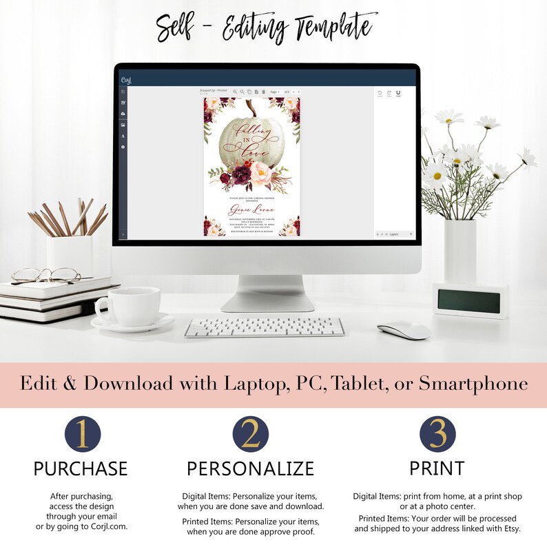 May include: A computer screen displaying a fall-themed wedding invitation template with a white pumpkin and the text "Falling in Love". The invitation is surrounded by fall leaves and flowers in shades of red, pink, and green. The text "Edit & Download with Laptop, PC, Tablet, or Smartphone" is displayed below the computer screen. Three numbered steps are listed below the text: 1. Purchase, 2. Personalize, and 3. Print.