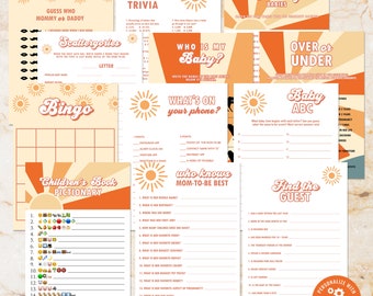 May include: A set of printable baby shower games with a retro sunburst design. The games include "Guess Who Mommy or Daddy", "Scattergories", "Bingo", "Baby Trivia", "Who is My Baby", "What's on Your Phone", "Celebrity Babies", "Over or Under", "Baby ABC", "Children's Book Pictionary", "Who Knows Mom-to-Be Best", and "Find the Guest".