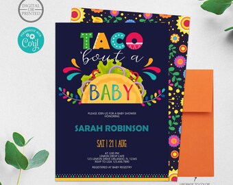 May include: A dark blue baby shower invitation card featuring a colorful taco graphic and the text Taco 'bout a Baby. The design includes floral patterns, the name Sarah Robinson, and event details. An orange envelope is placed next to the card.