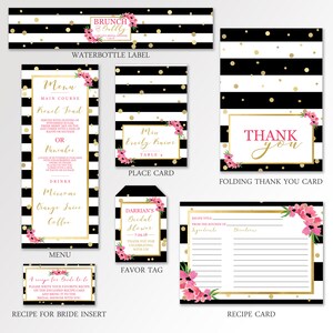 May include: A set of printable bridal shower party decorations in black, white, and gold with pink floral accents. The set includes a water bottle label, menu, place card, favor tag, recipe card, and a folding thank you card.