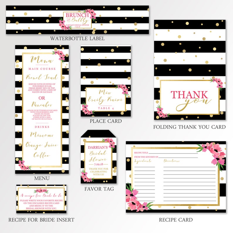 May include: A set of printable bridal shower party decorations in black, white, and gold with pink floral accents. The set includes a water bottle label, menu, place card, favor tag, recipe card, and a folding thank you card.