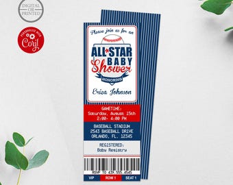 May include: A baseball-themed baby shower invitation designed as a ticket with navy blue vertical stripes. It features a baseball graphic, the text All Star Baby Shower, event details for Erica Johnson, a barcode, and seat information.