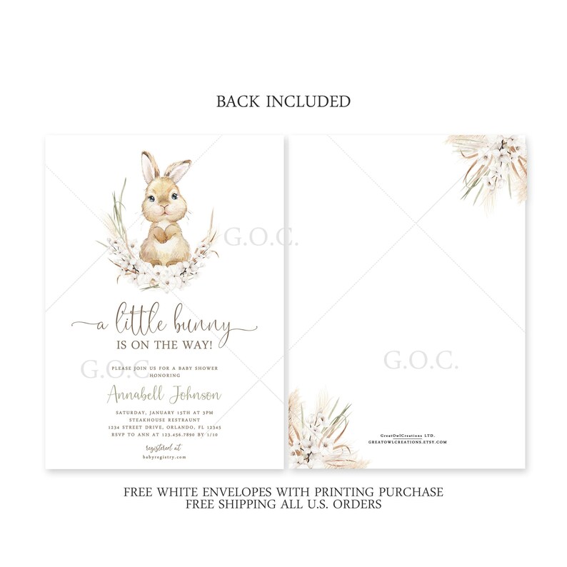 Bunny Baby Shower Invitation | A Little Bunny is on the Way Baby Shower Invite | Editable Digital or Printed image 2