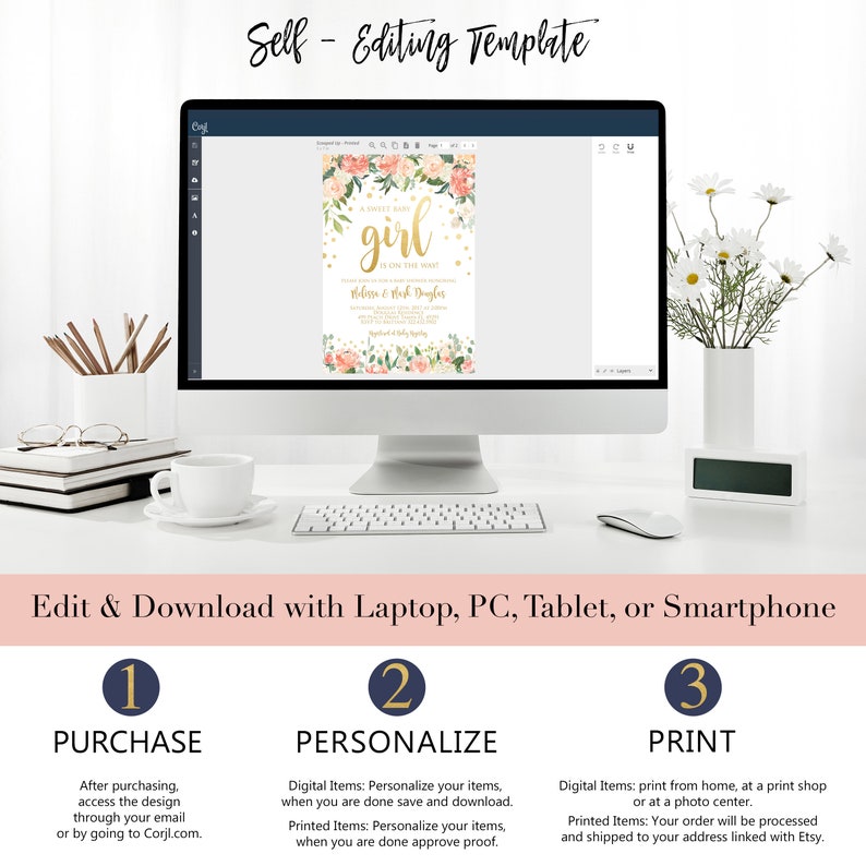 Floral Baby Shower Invitation | Sweet Baby Girl Baby Shower Invitation | Peach and Gold Baby Shower Invite | Digital or Printed image 6