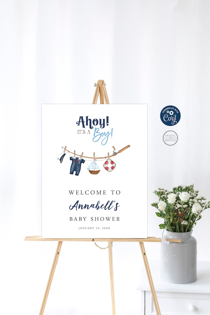 Ahoy Baby Shower Welcome Sign, Nautical Sailor Instant Editable Digital or Printed, BA-42723 image 1