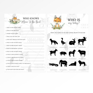 May include: A printable baby shower game featuring a fox illustration. The game asks guests to guess answers about the expectant mother. The second page of the game features a grid of baby animals for guests to identify.