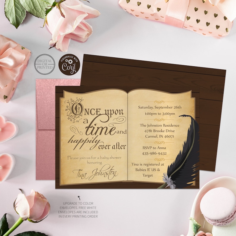 Storybook Baby Shower Invitation, Book Themed Baby Shower Invitation, Once Upon a Time, Library, Fairy Tale, Digital or Printed afbeelding 1
