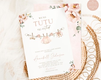 May include: A rectangular baby shower invitation card featuring a watercolor floral design in shades of pink and green. The text reads WE'RE TUTU EXCITED, followed by details for Annabell Johnson, including the date, time, and location.